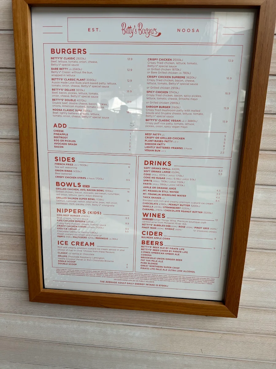Menu, Betty's Burgers