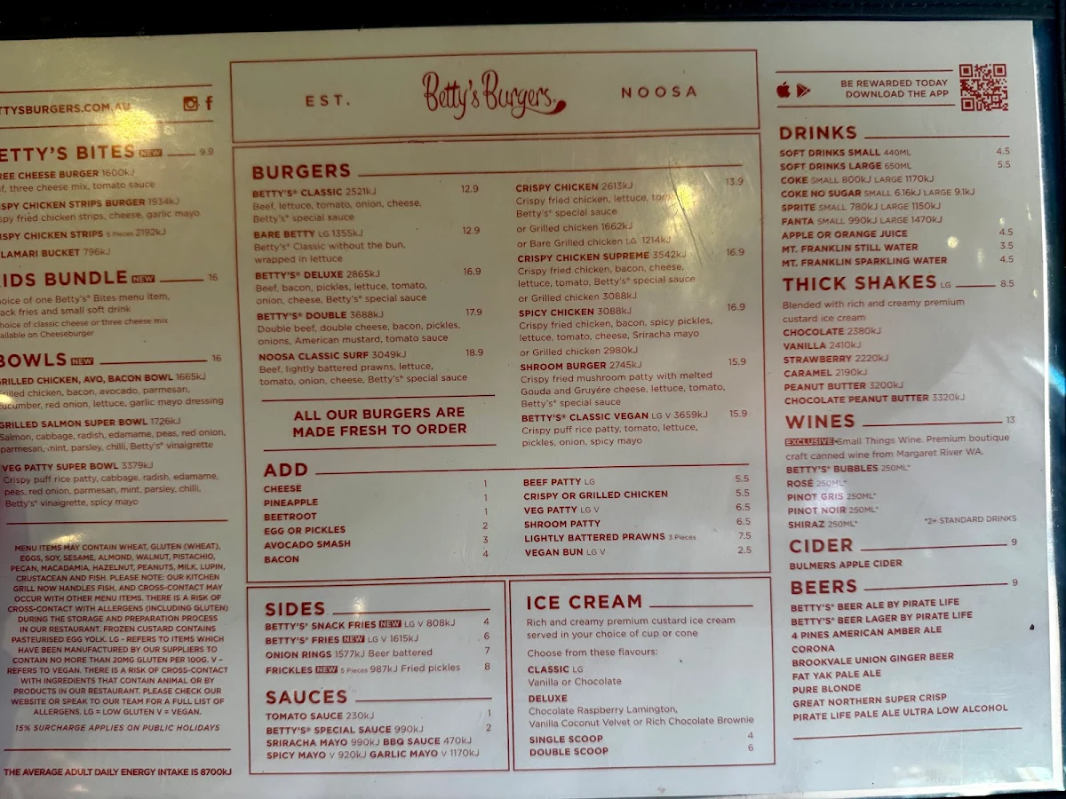 Menu, Betty's Burgers