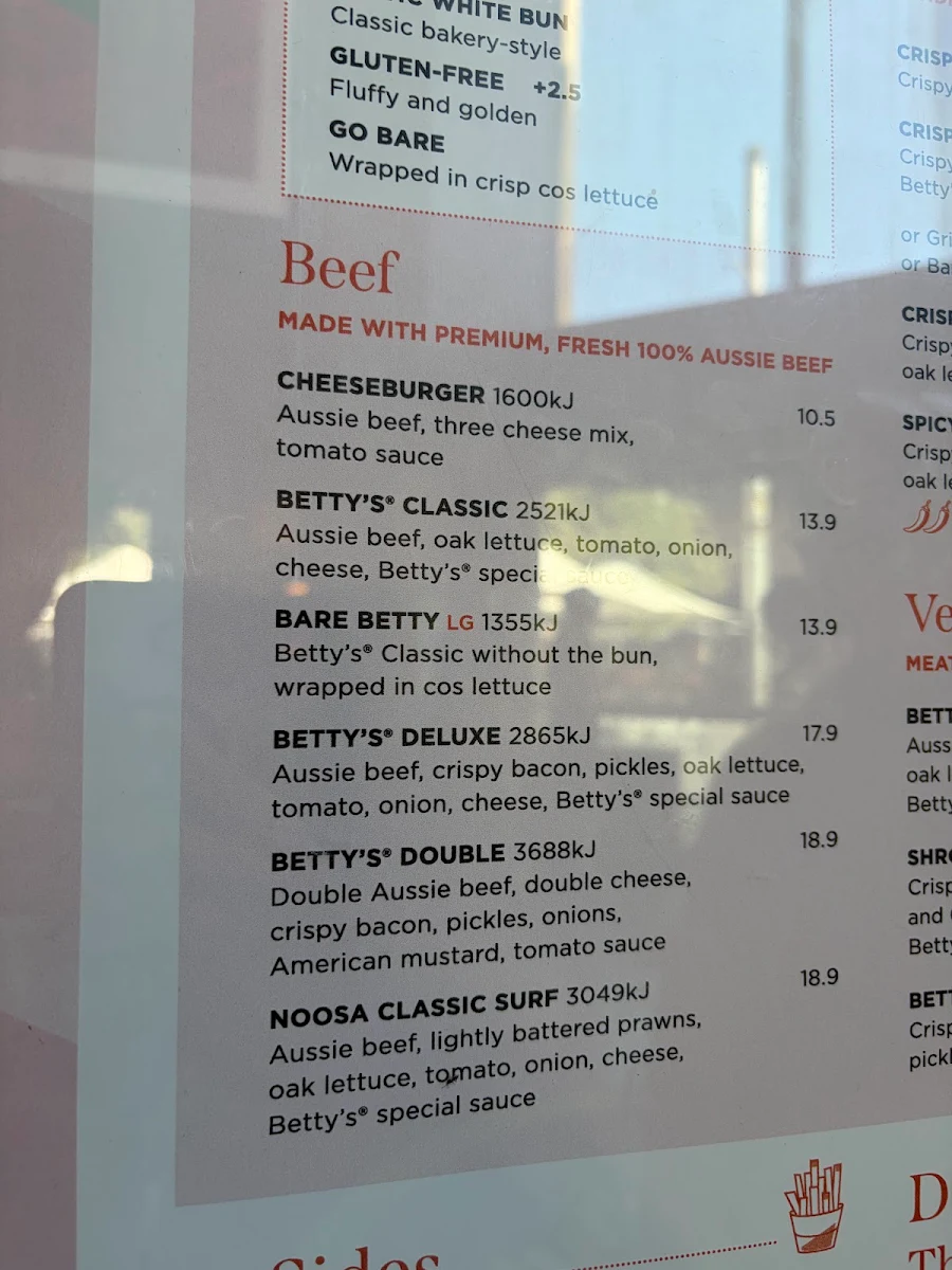 Menu, Betty's Burgers