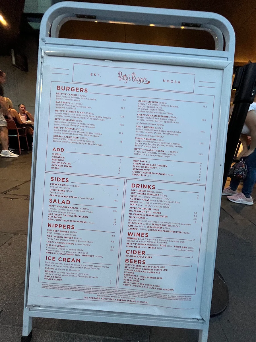 Menu, Betty's Burgers