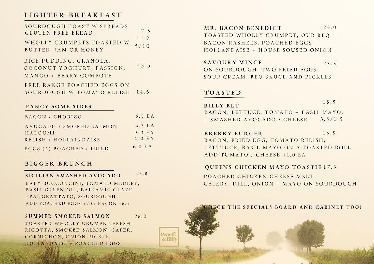 Menu, Peach & Billy