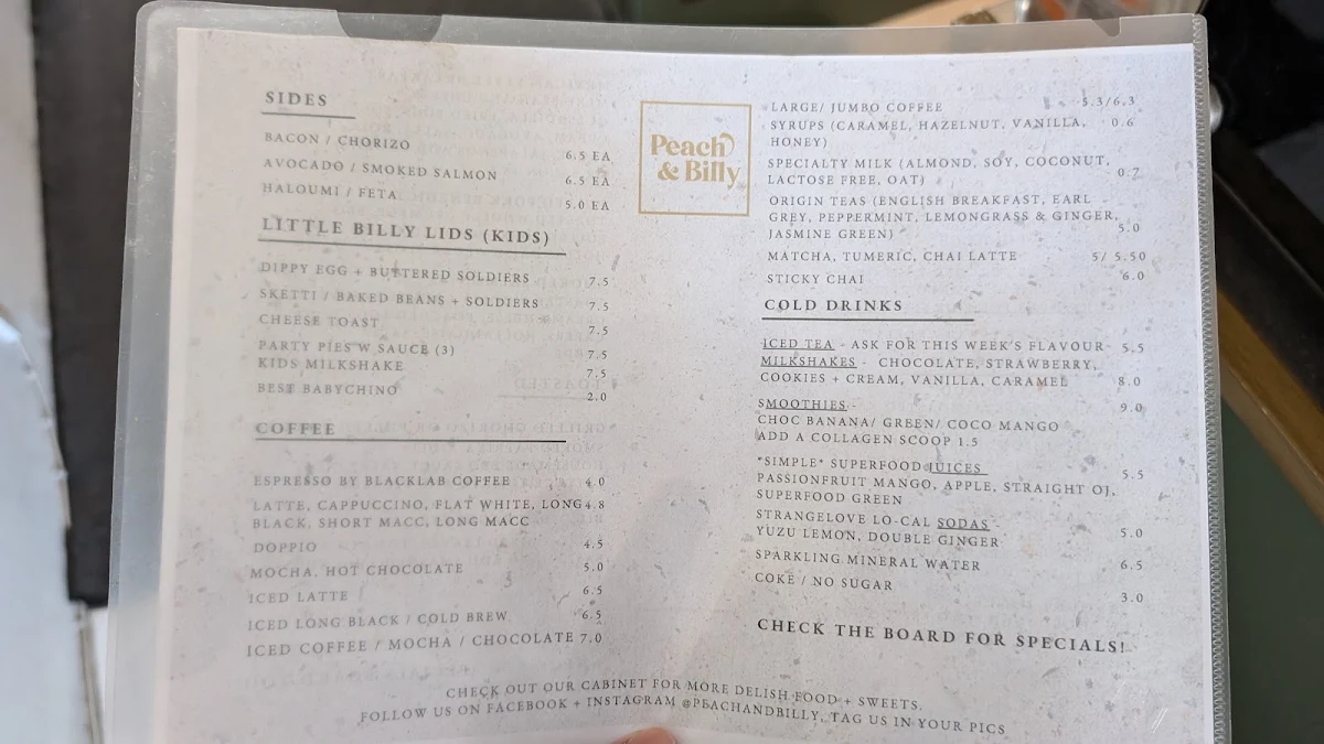 Menu, Peach & Billy