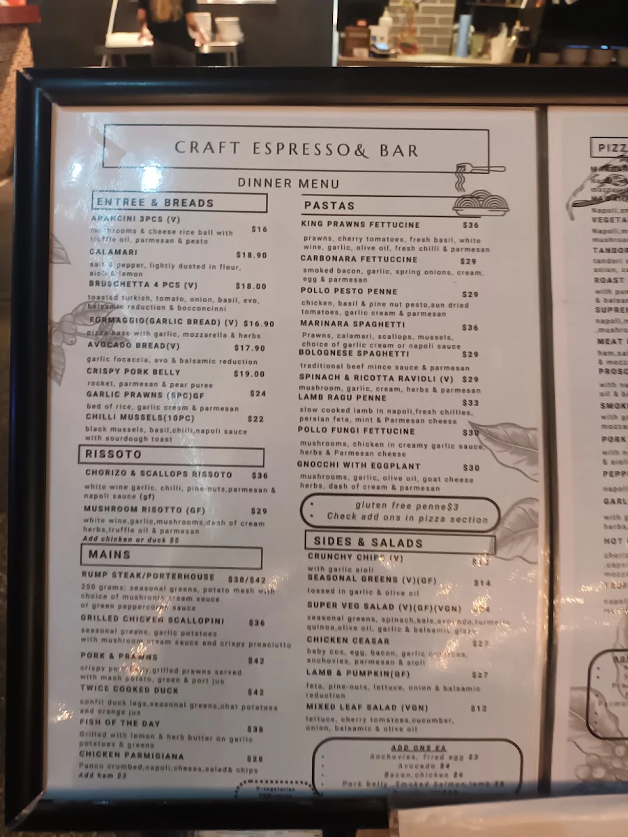 Menu, Craft espresso & bar