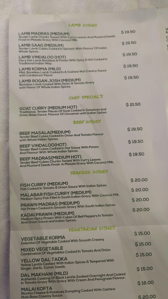 Menu, Zaika Indian Restaurant