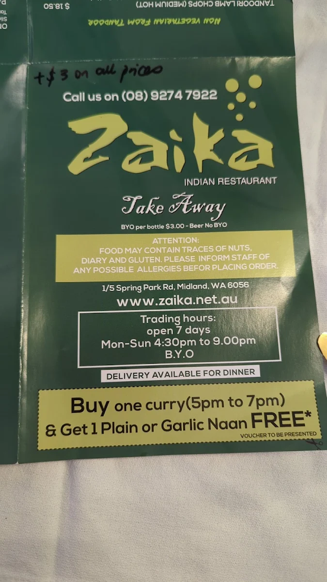 Menu, Zaika Indian Restaurant