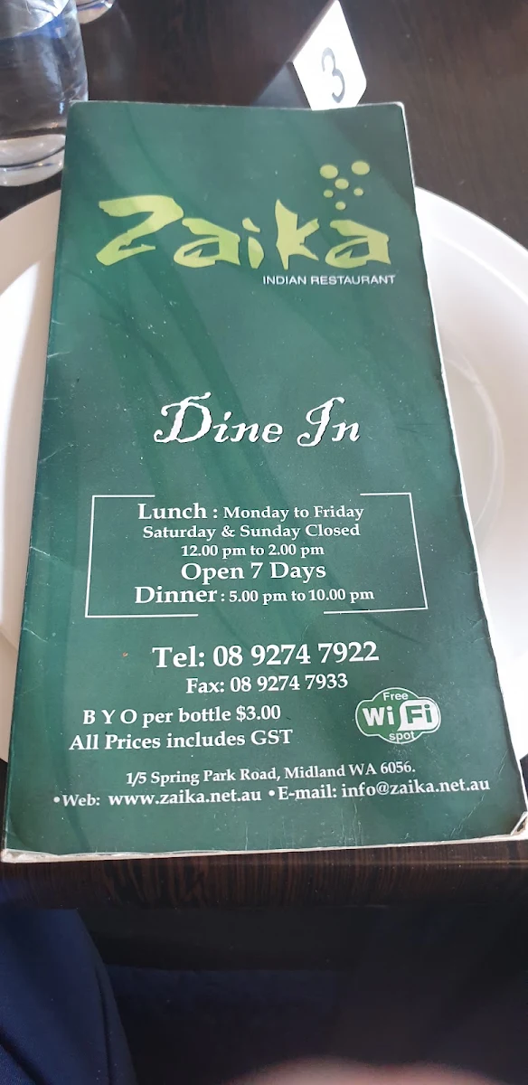 Menu, Zaika Indian Restaurant
