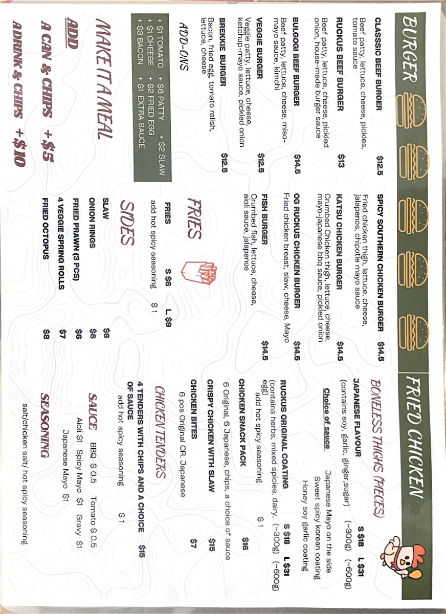 Menu, Ruckus Fried Chicken