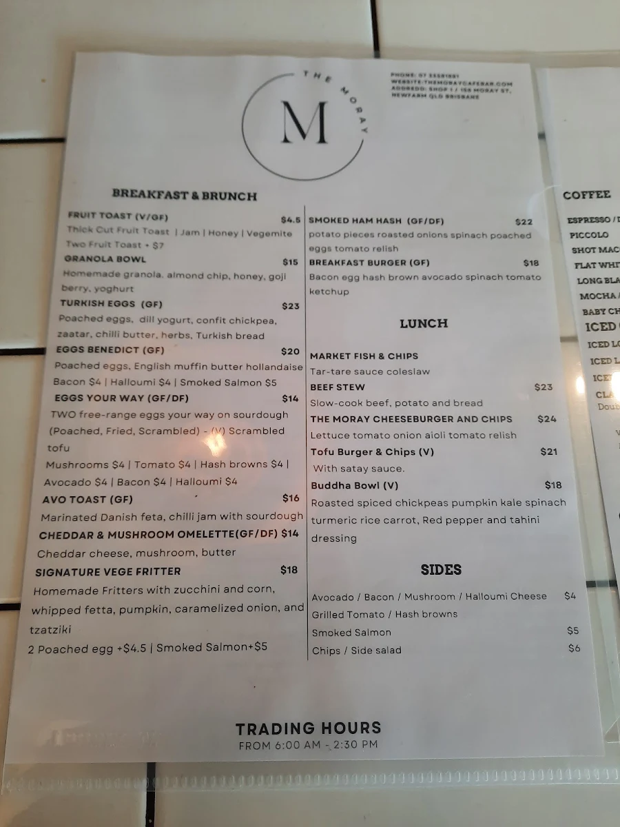 Menu, The Moray Cafe