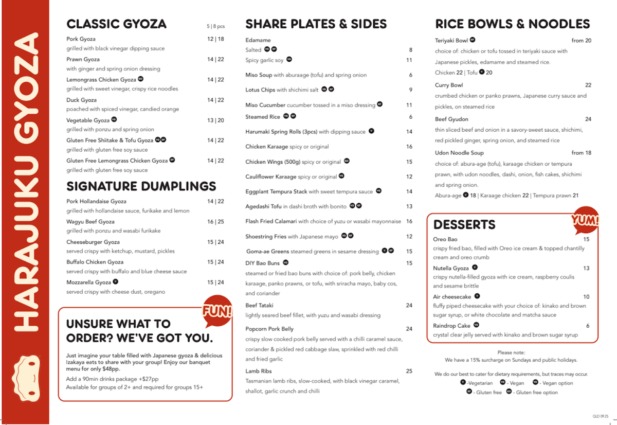 Menu, Harajuku Gyoza Broadbeach