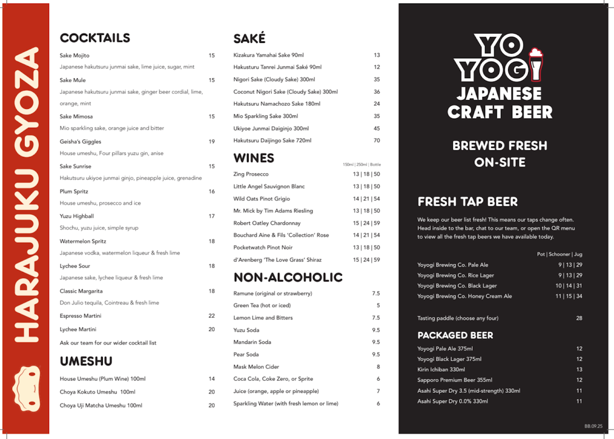 Menu, Harajuku Gyoza Broadbeach