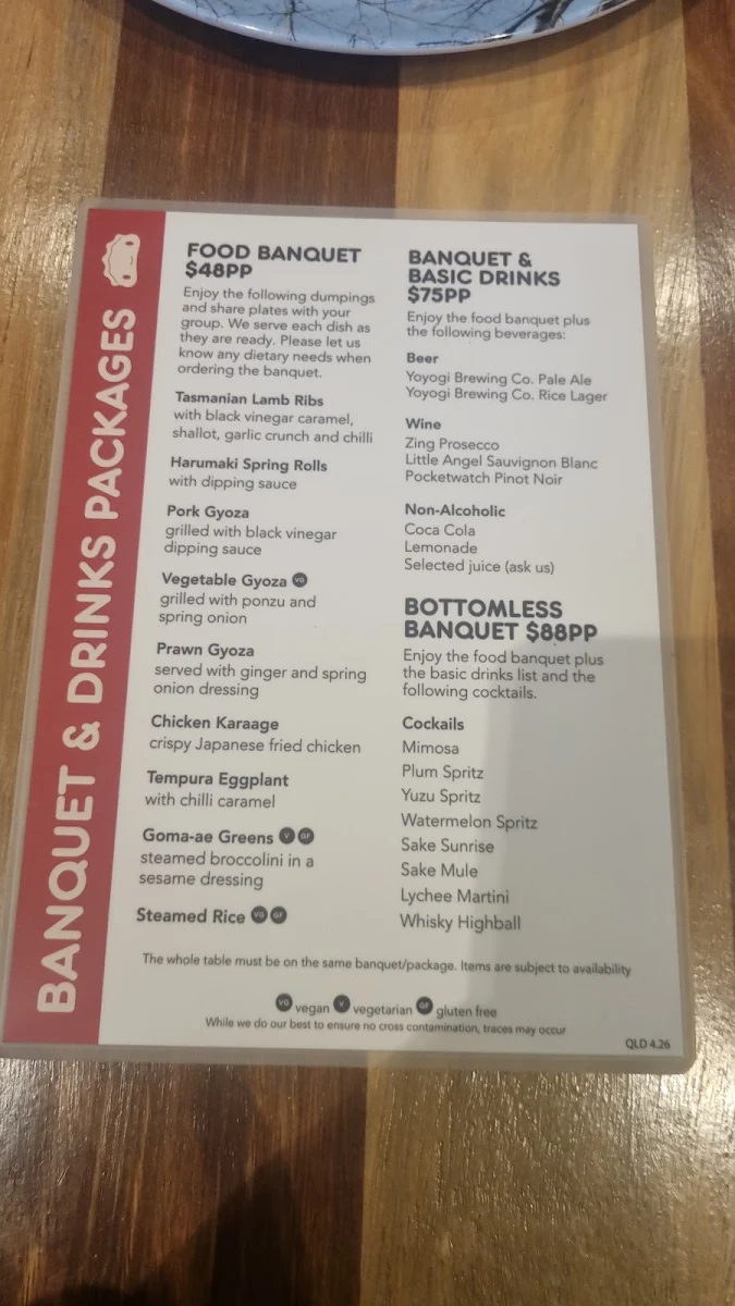 Menu, Harajuku Gyoza Broadbeach