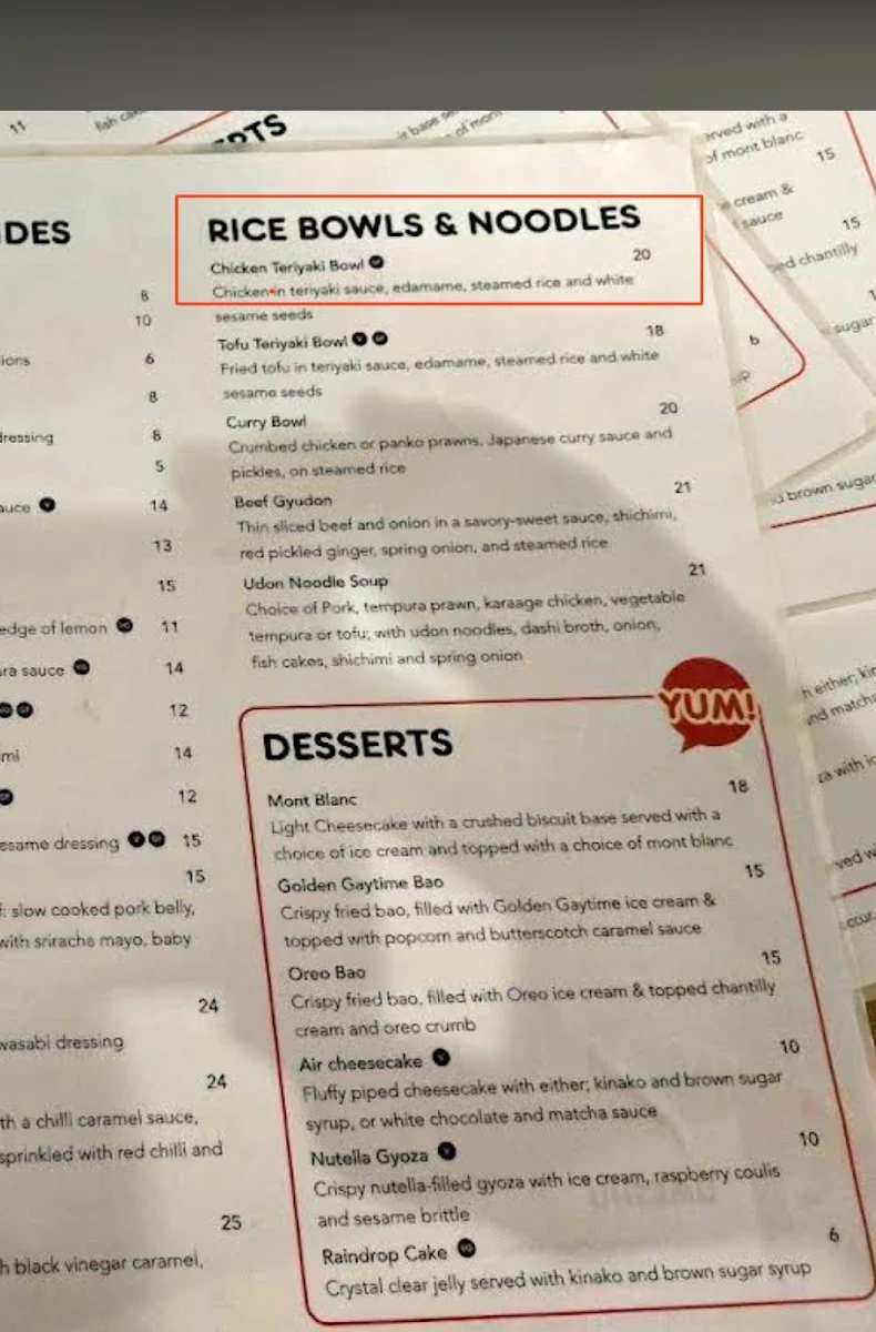Menu, Harajuku Gyoza Broadbeach