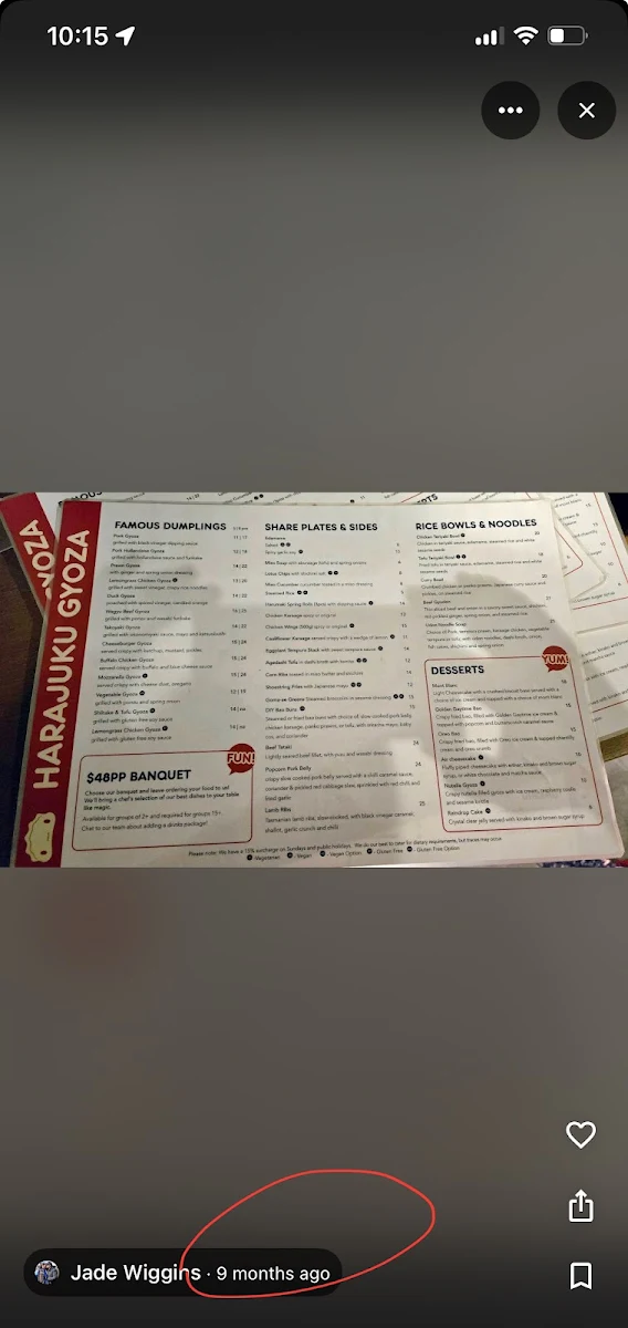 Menu, Harajuku Gyoza Broadbeach