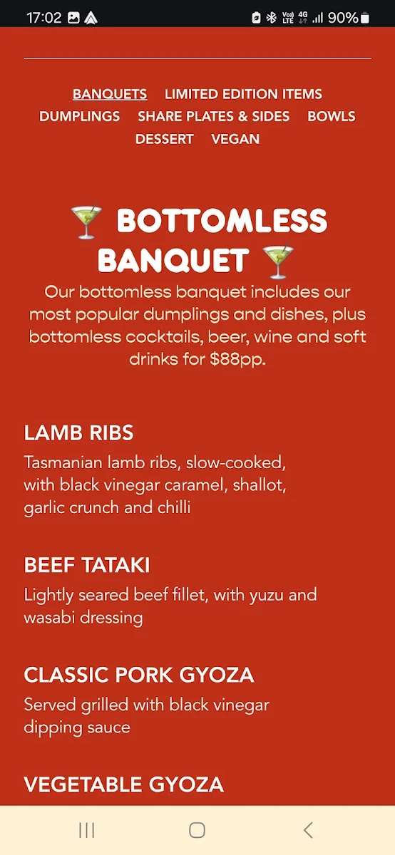Menu, Harajuku Gyoza Broadbeach