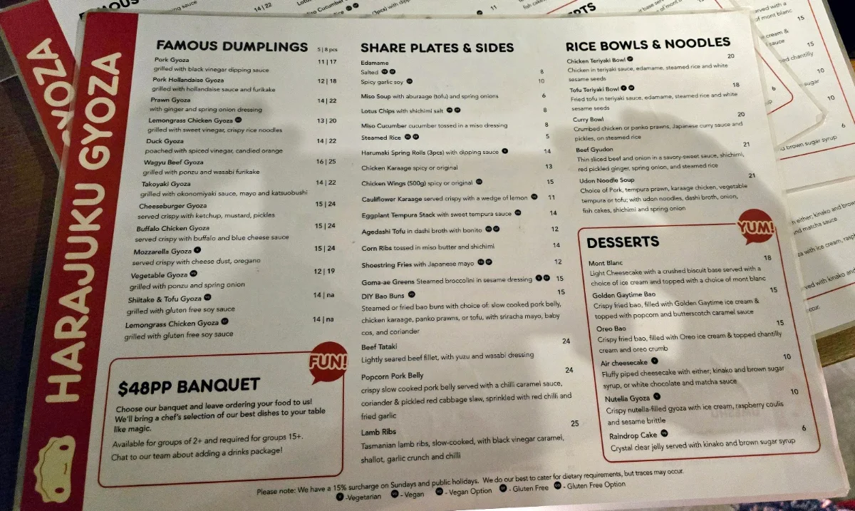 Menu, Harajuku Gyoza Broadbeach