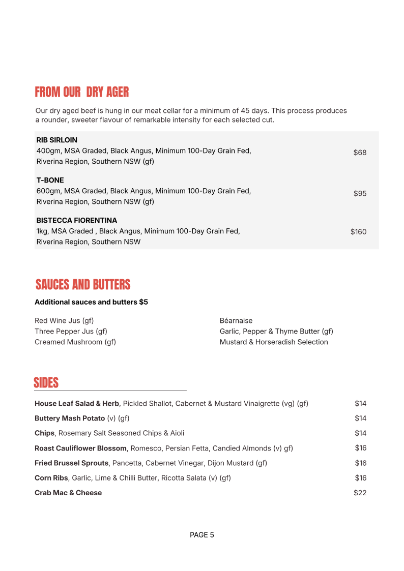 Menu, Bull & Bell Steakhouse