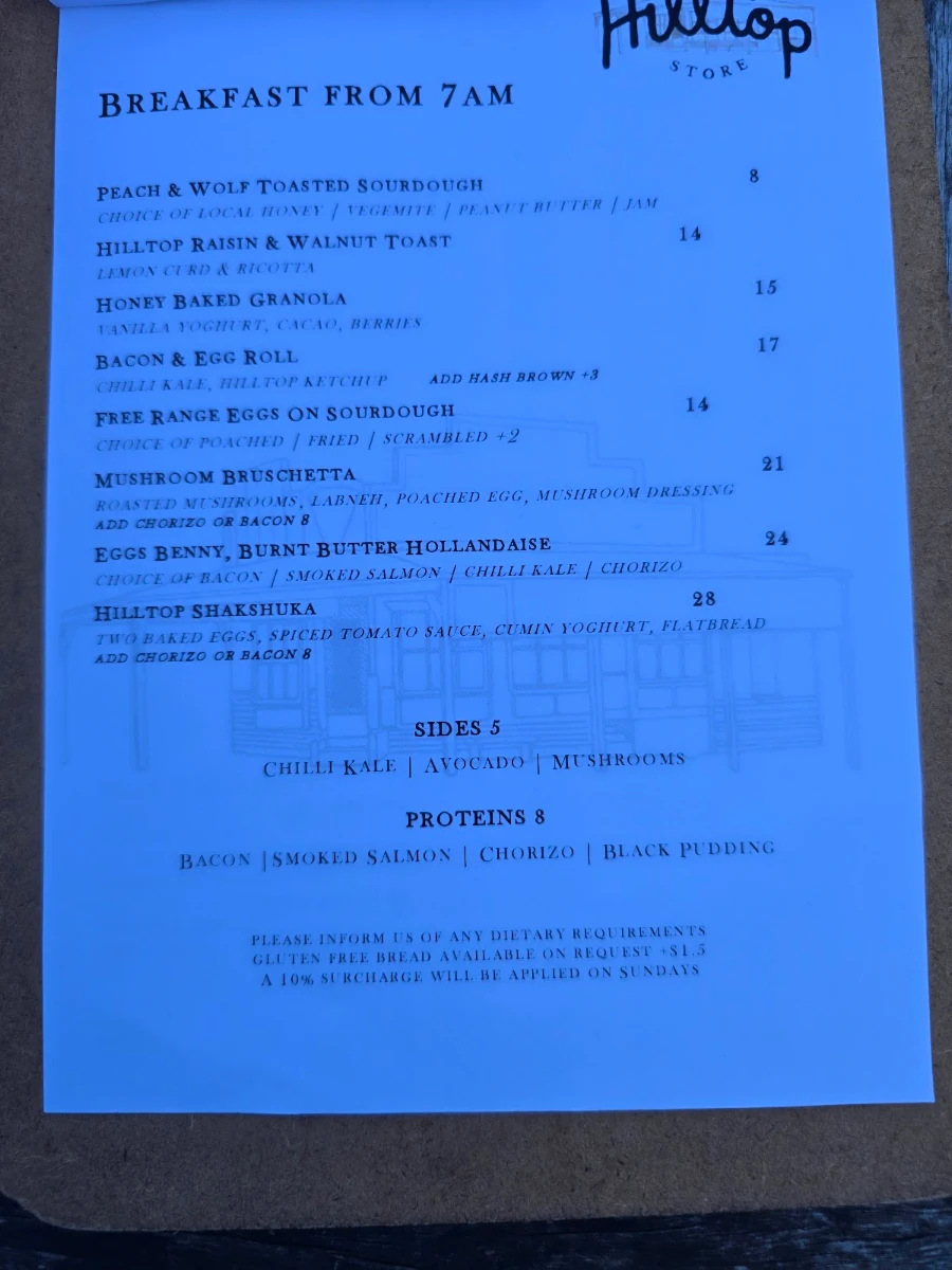 Menu, The Hilltop Store