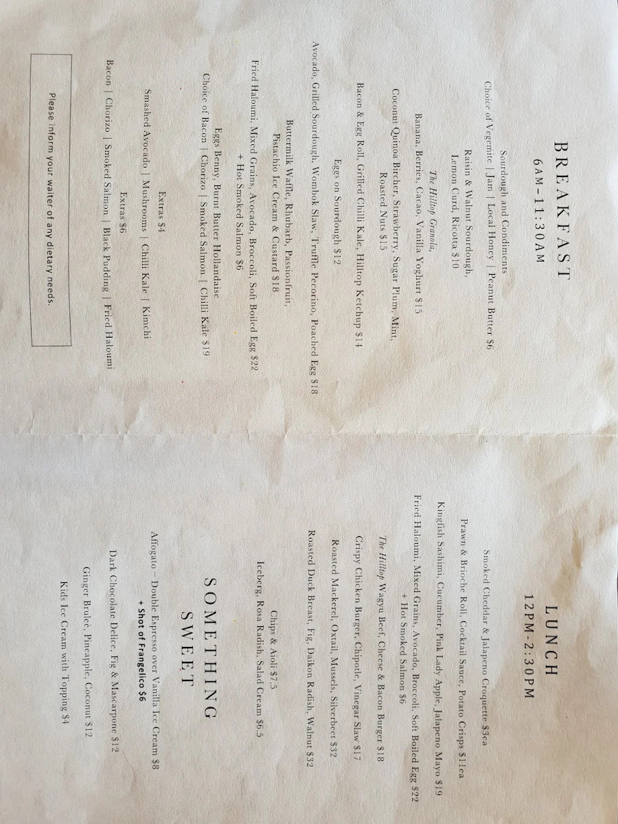 Menu, The Hilltop Store