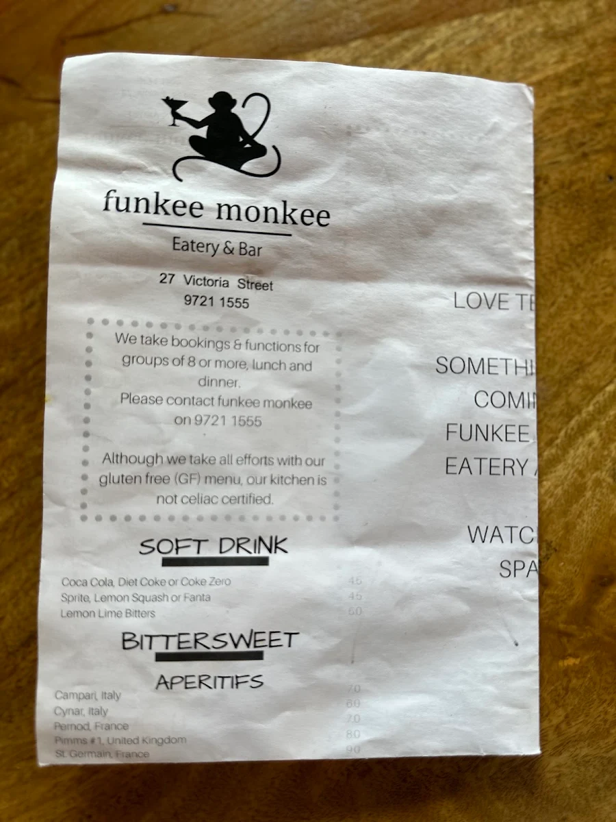 Menu, Funkee Monkee Eatery & Bar