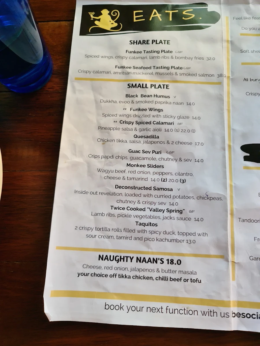 Menu, Funkee Monkee Eatery & Bar