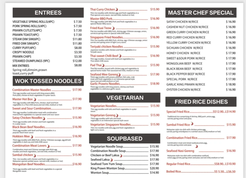 Menu, Master Noodle