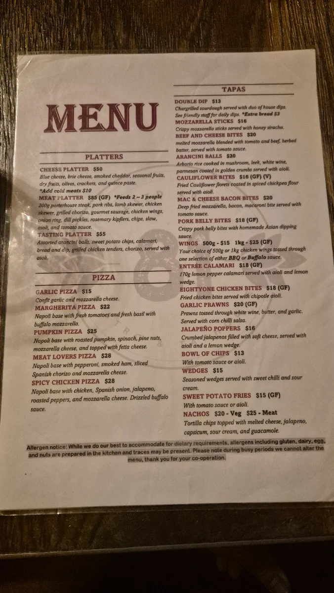 Menu, 81 Bar & Grill