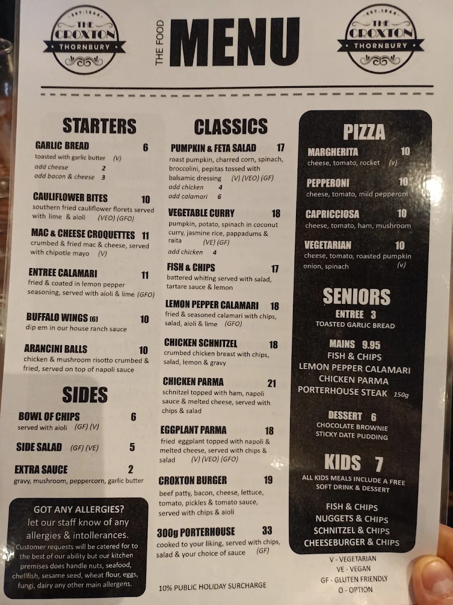 Menu, The Croxton