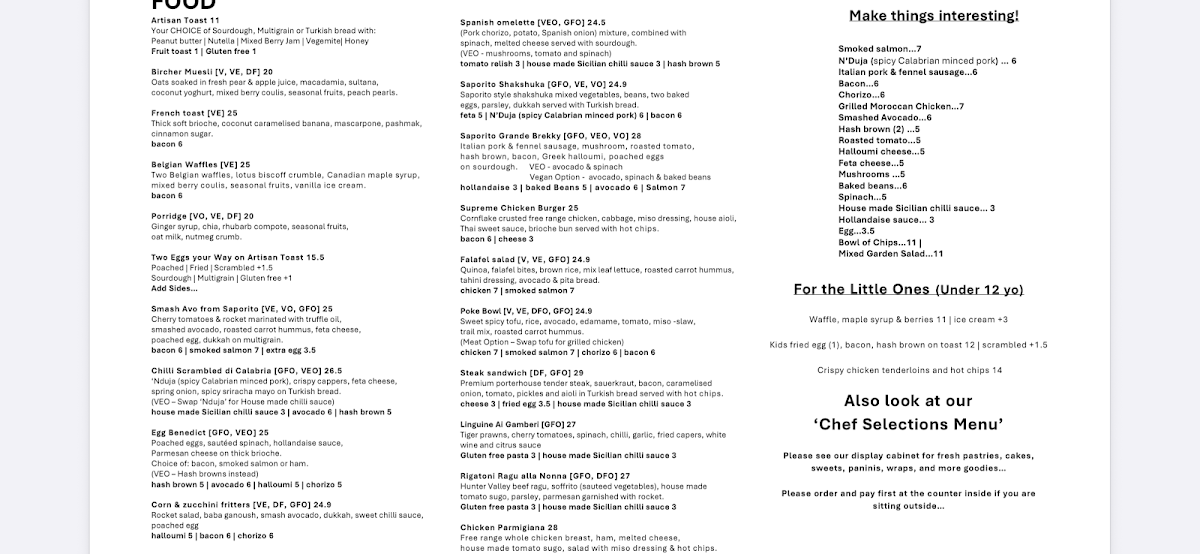 Menu, Saporito Cafe