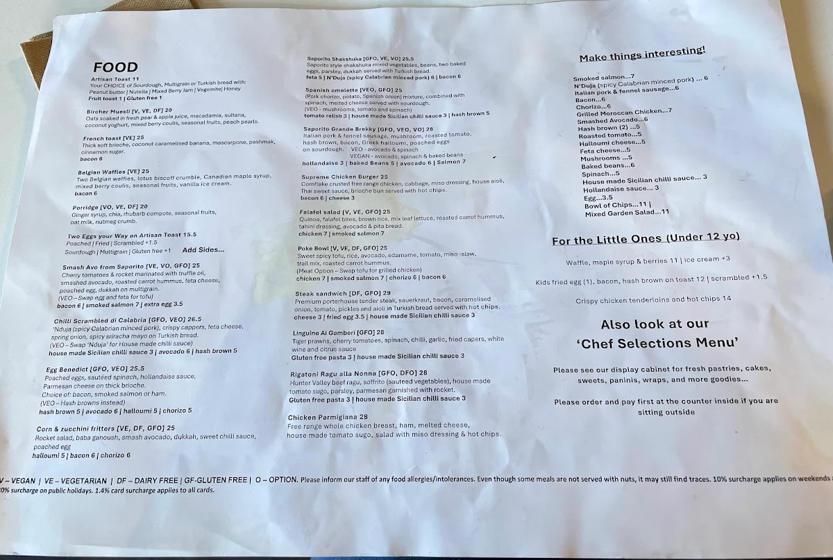 Menu, Saporito Cafe