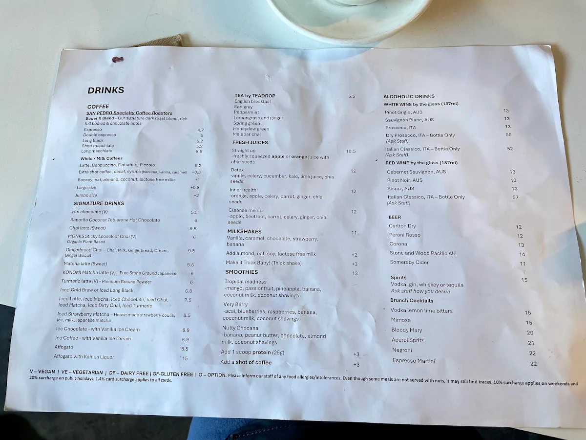 Menu, Saporito Cafe