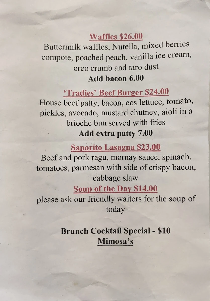 Menu, Saporito Cafe