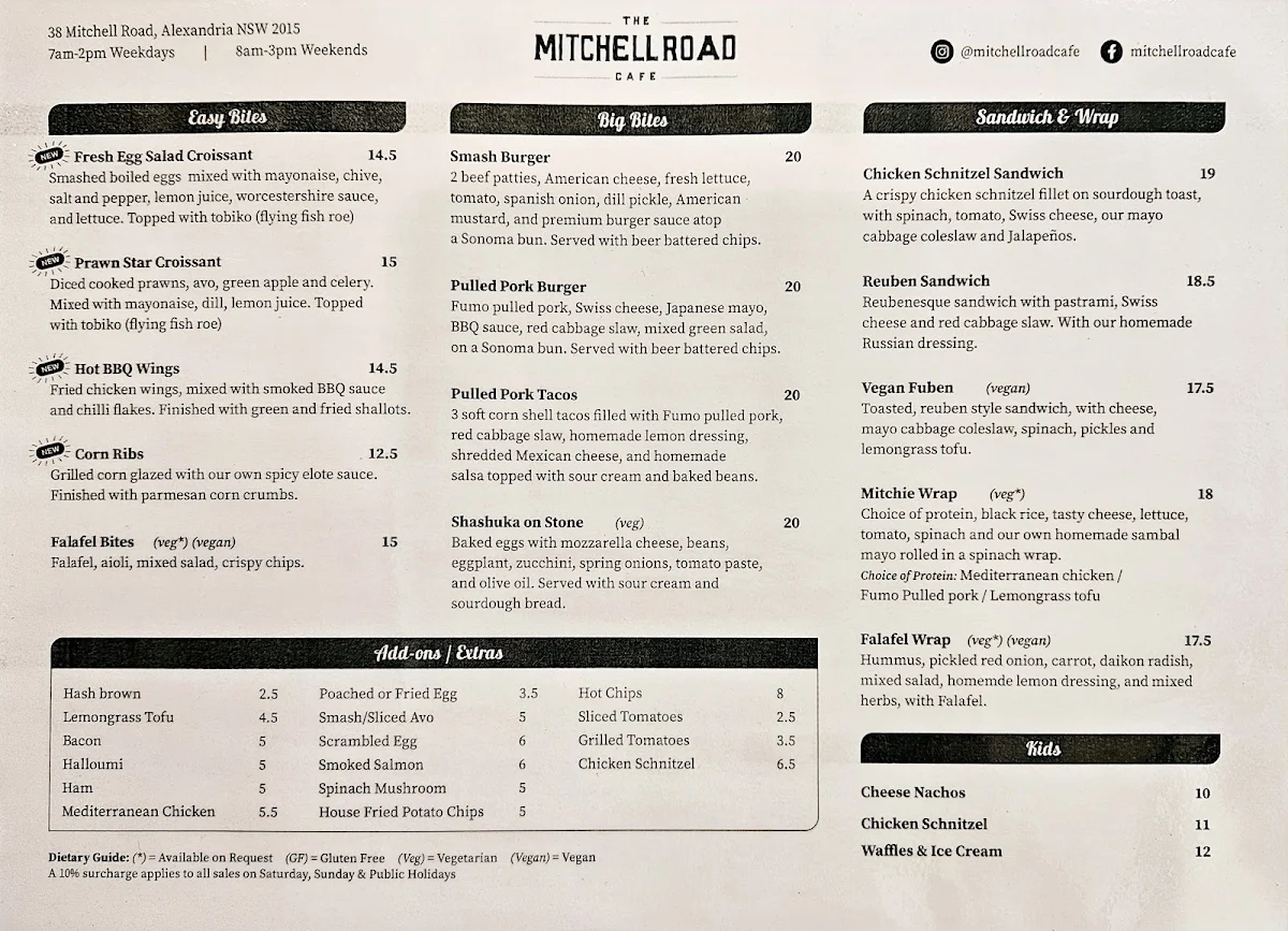 Menu, The Mitchell Road Cafe