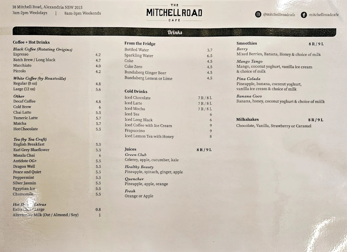 Menu, The Mitchell Road Cafe