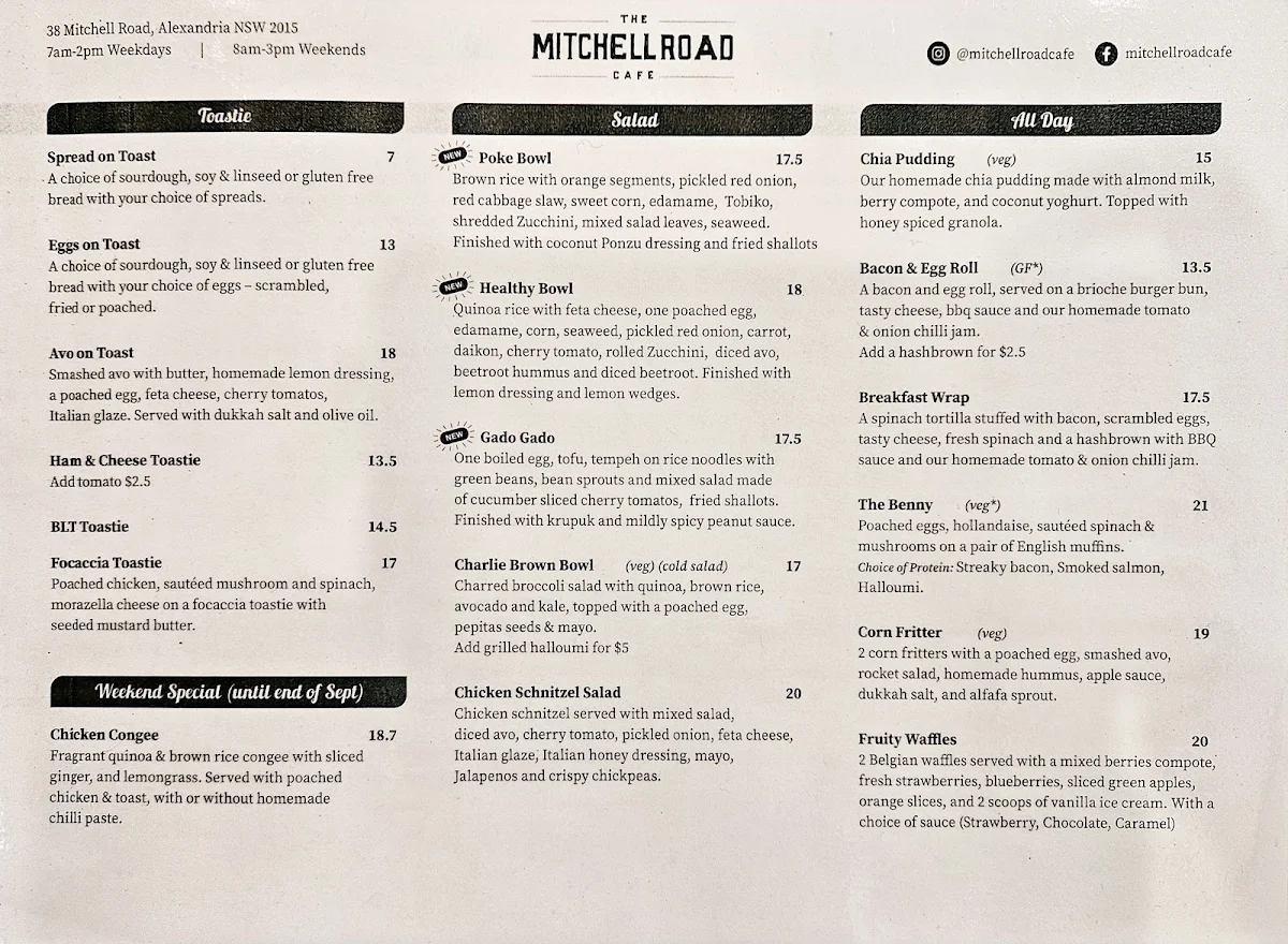 Menu, The Mitchell Road Cafe