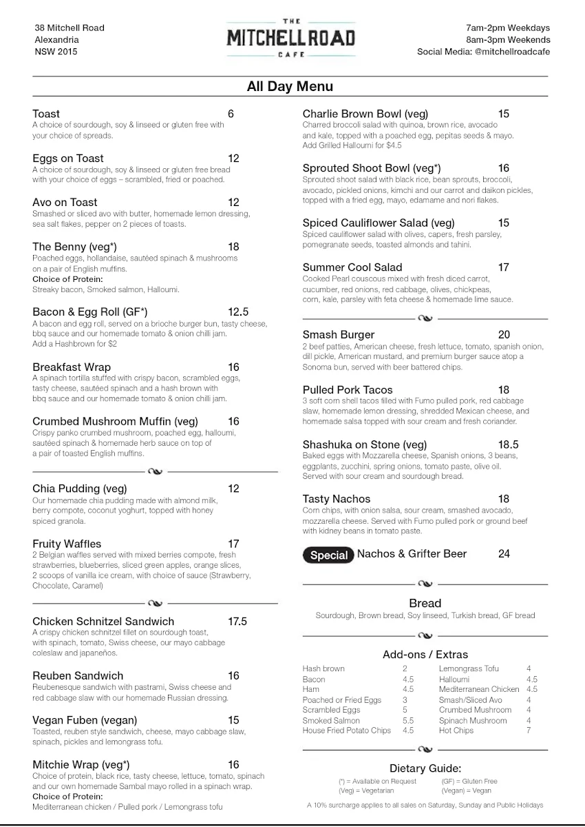 Menu, The Mitchell Road Cafe