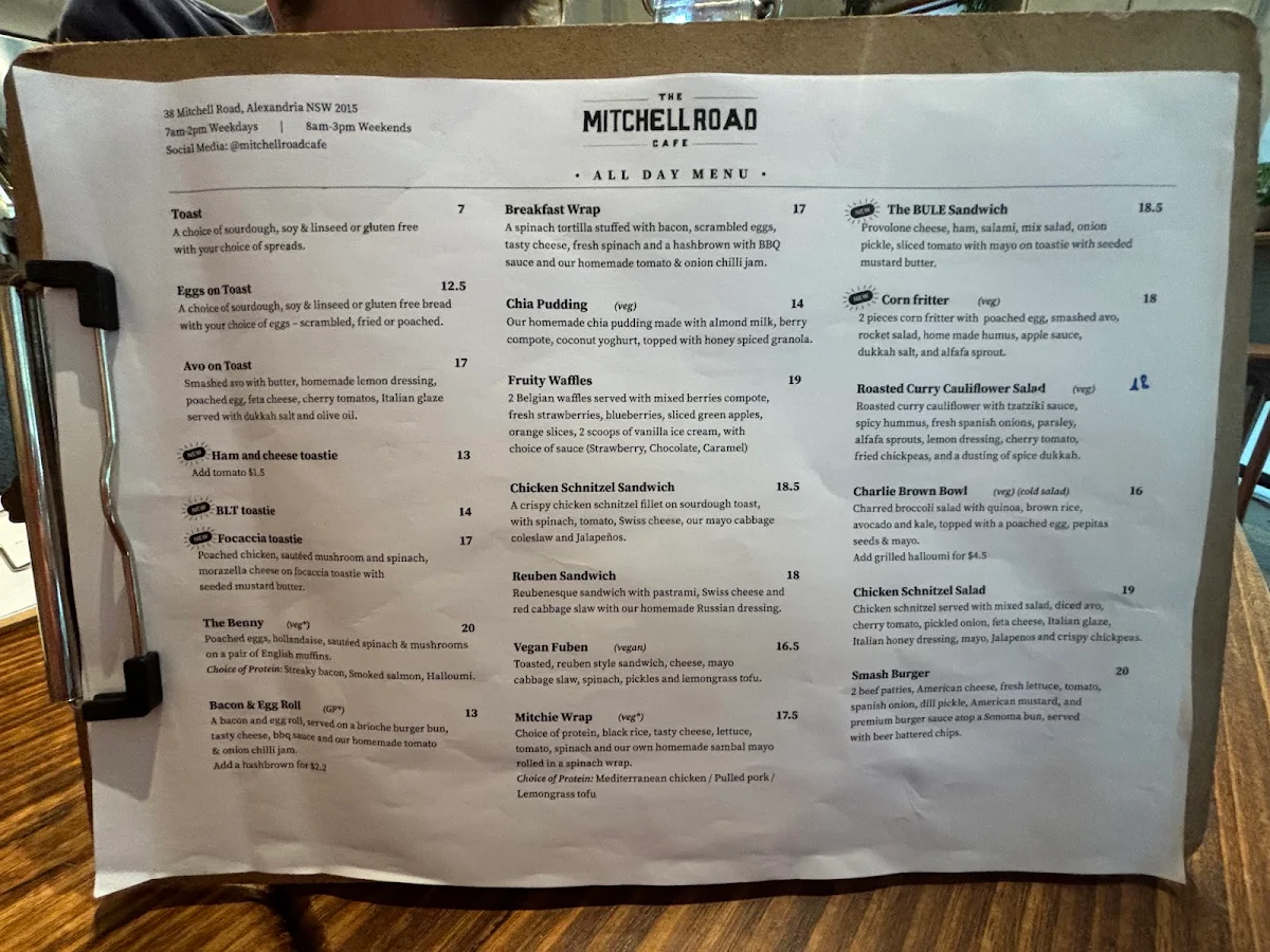 Menu, The Mitchell Road Cafe