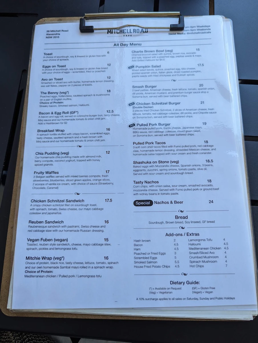 Menu, The Mitchell Road Cafe