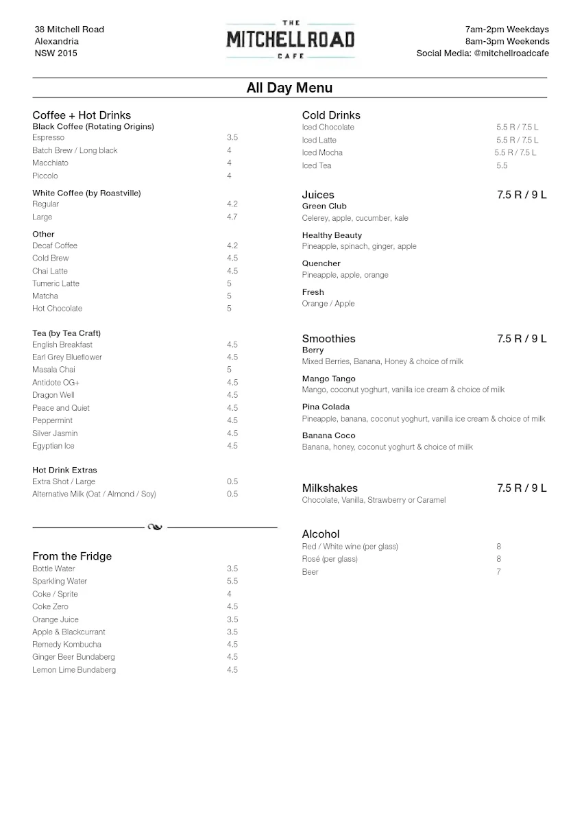 Menu, The Mitchell Road Cafe