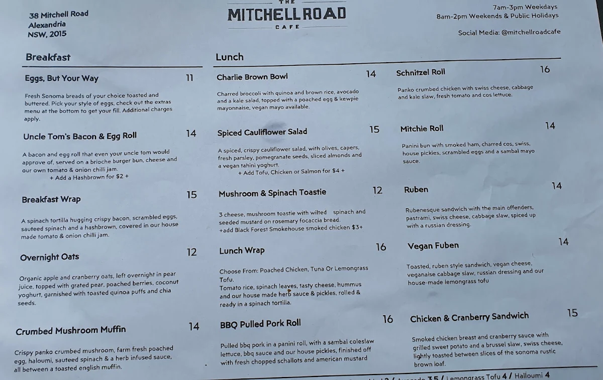 Menu, The Mitchell Road Cafe
