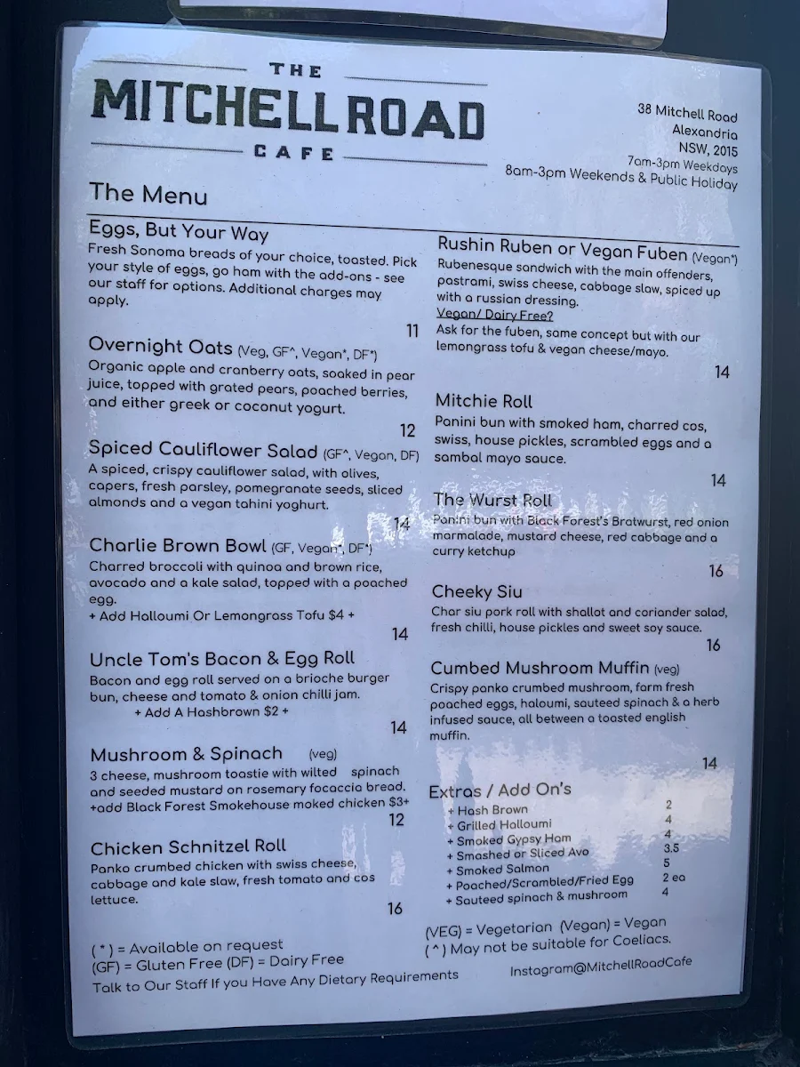 Menu, The Mitchell Road Cafe