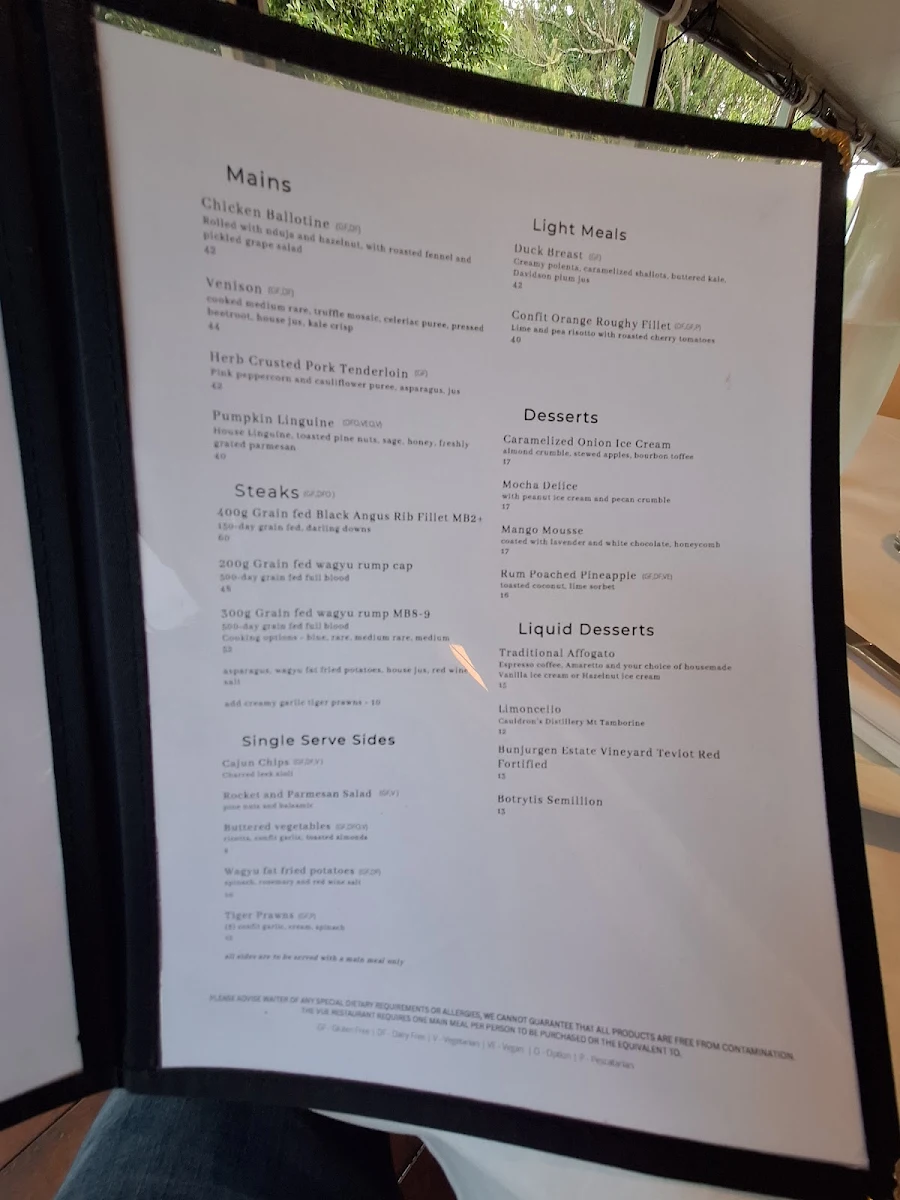Menu, The Vue Restaurant