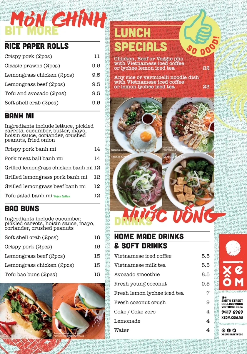 Menu, XEOM VIETNAMESE FOOD