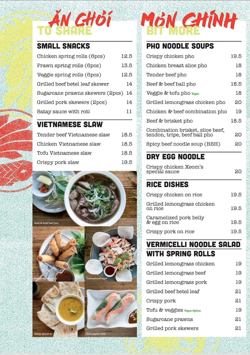 Menu, XEOM VIETNAMESE FOOD