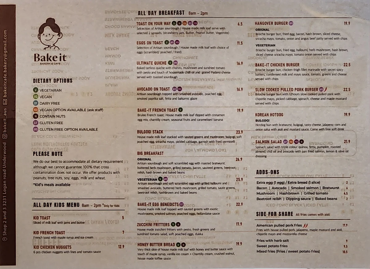 Menu, BAKE-IT BAKERY AND CAFE