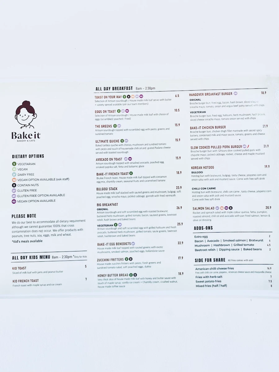 Menu, BAKE-IT BAKERY AND CAFE