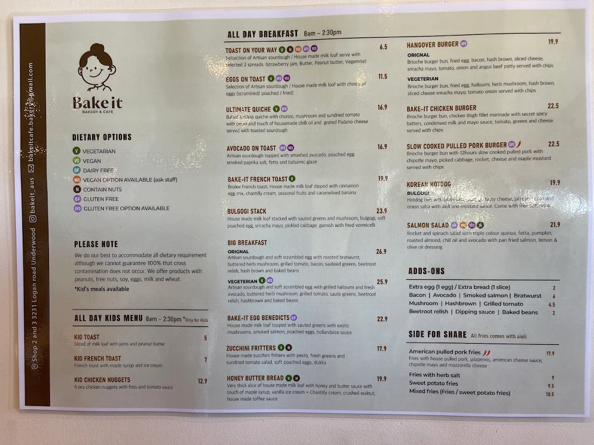 Menu, BAKE-IT BAKERY AND CAFE