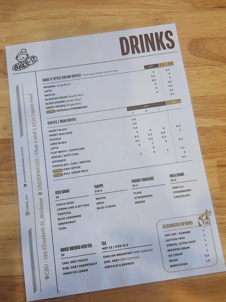 Menu, BAKE-IT BAKERY AND CAFE