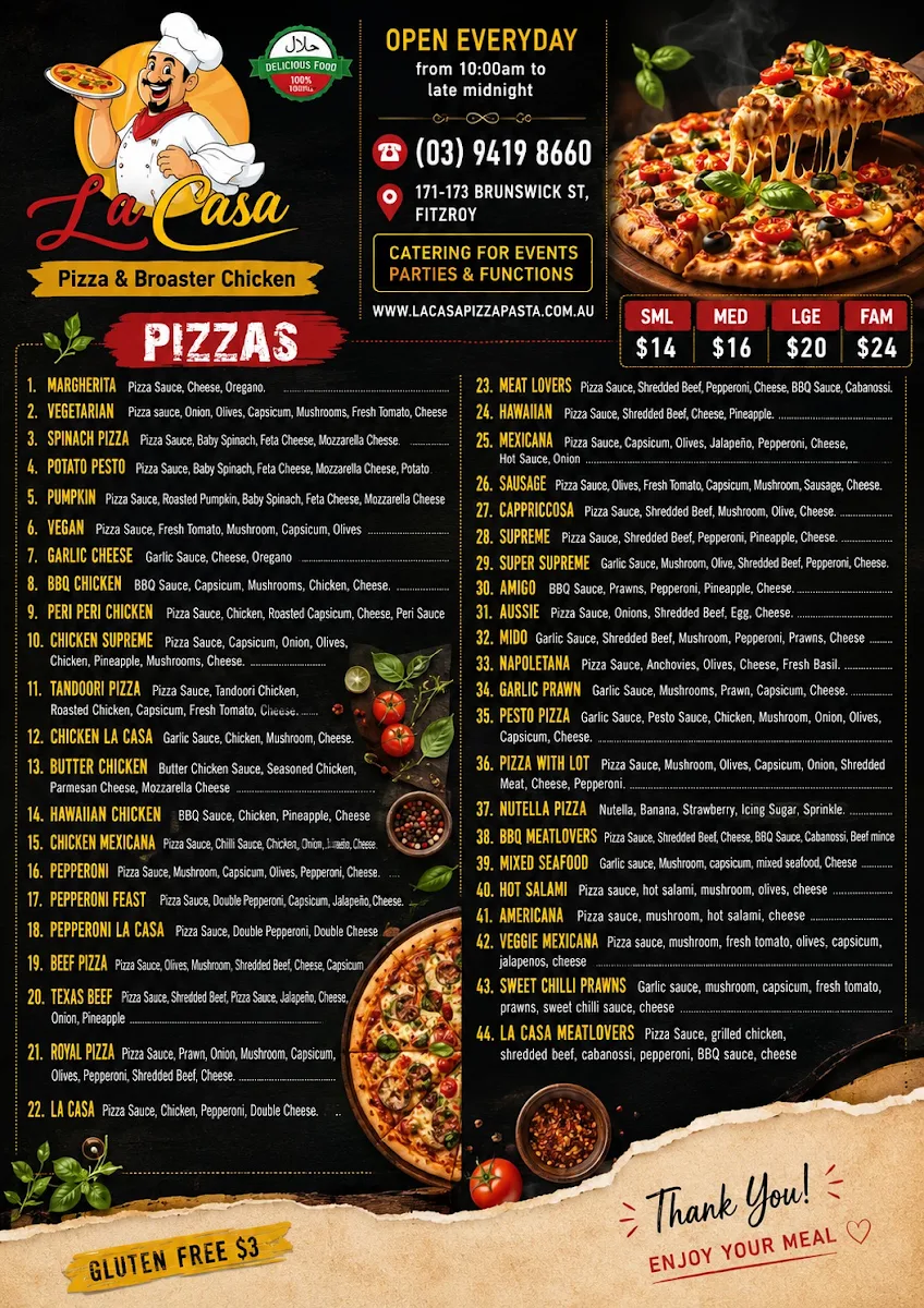 Menu, La Casa Pizza & Broaster chicken