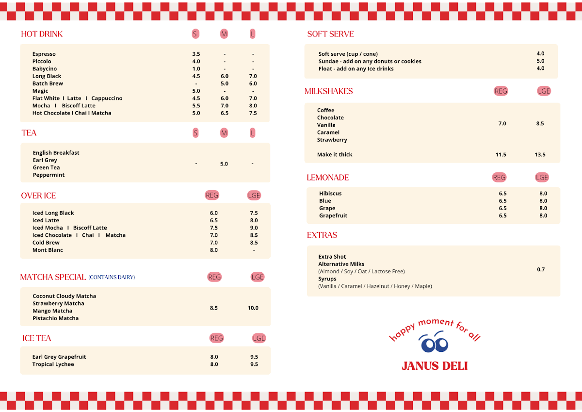 Menu, Janus Deli Surfers Paradise