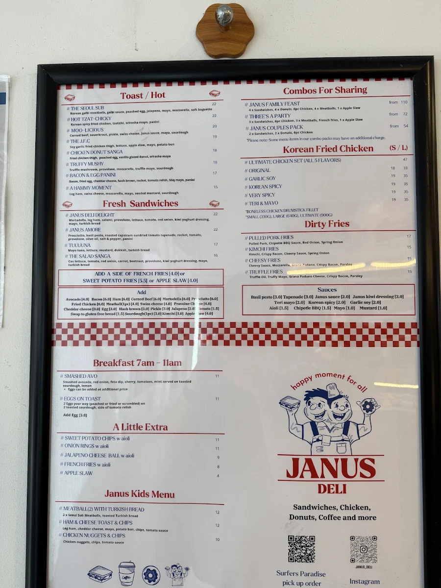 Menu, Janus Deli Surfers Paradise